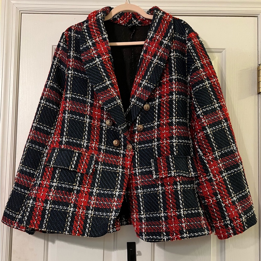 SHEIN Red and Black Plaid Blazer